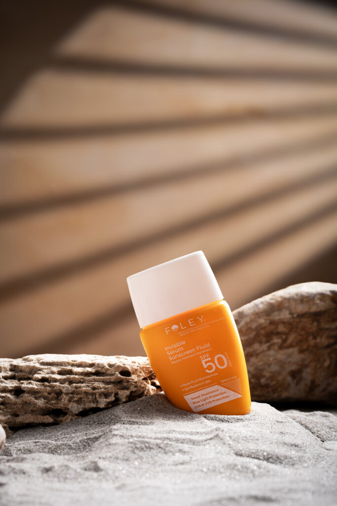 product shoot of Foley's Invisible Serum Sunscreen Fluid